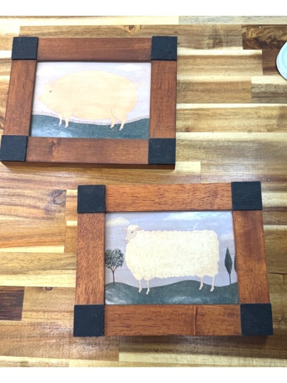 Vintage Primitive Folk Art Framed Prints Set - Pig & Sheep Pasture